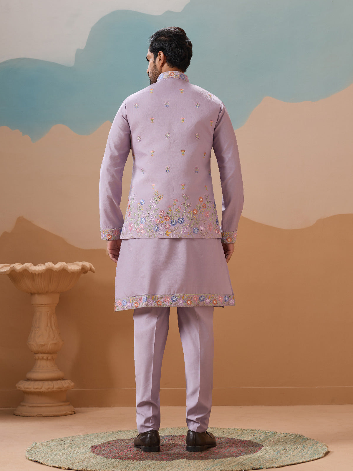 Trendy Lavender Wedding Celebration Beige Kurta Koti Pant Mens
