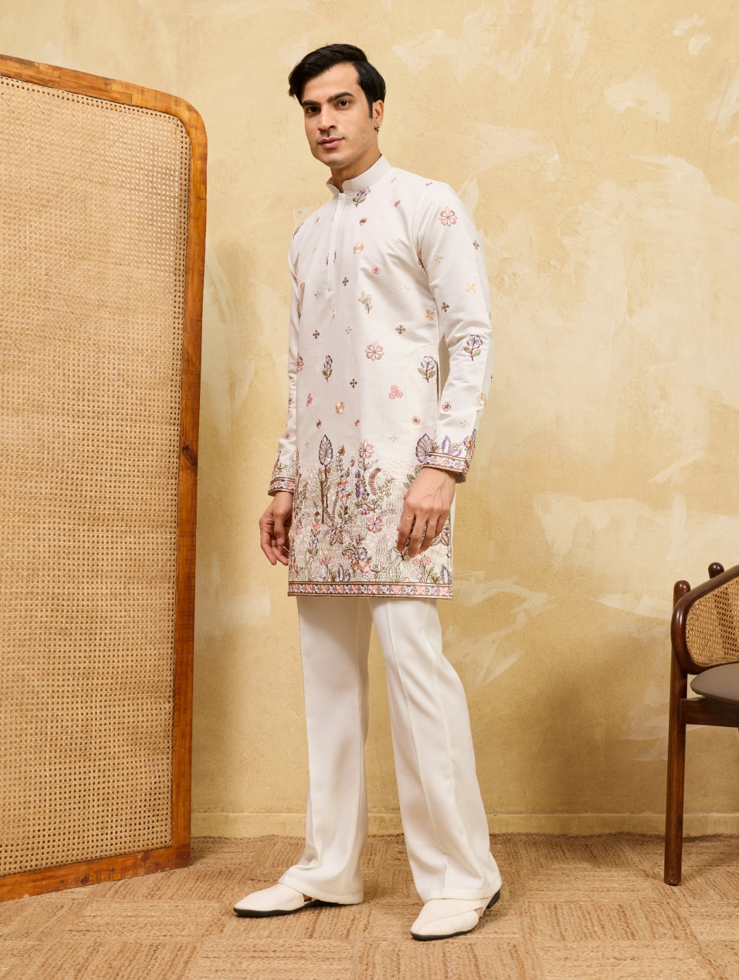 White viscose silk thread & sequins embroidered work wedding festival marriage party wear straight mens kurta