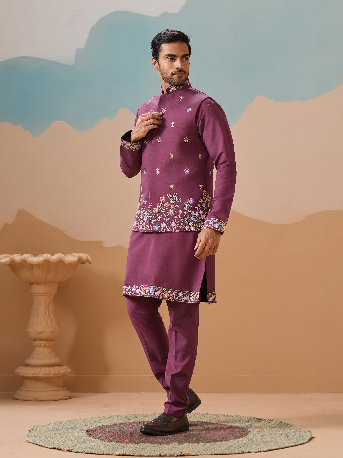 Dusty Color Embroidered Koti Kurta with Pant for Mens