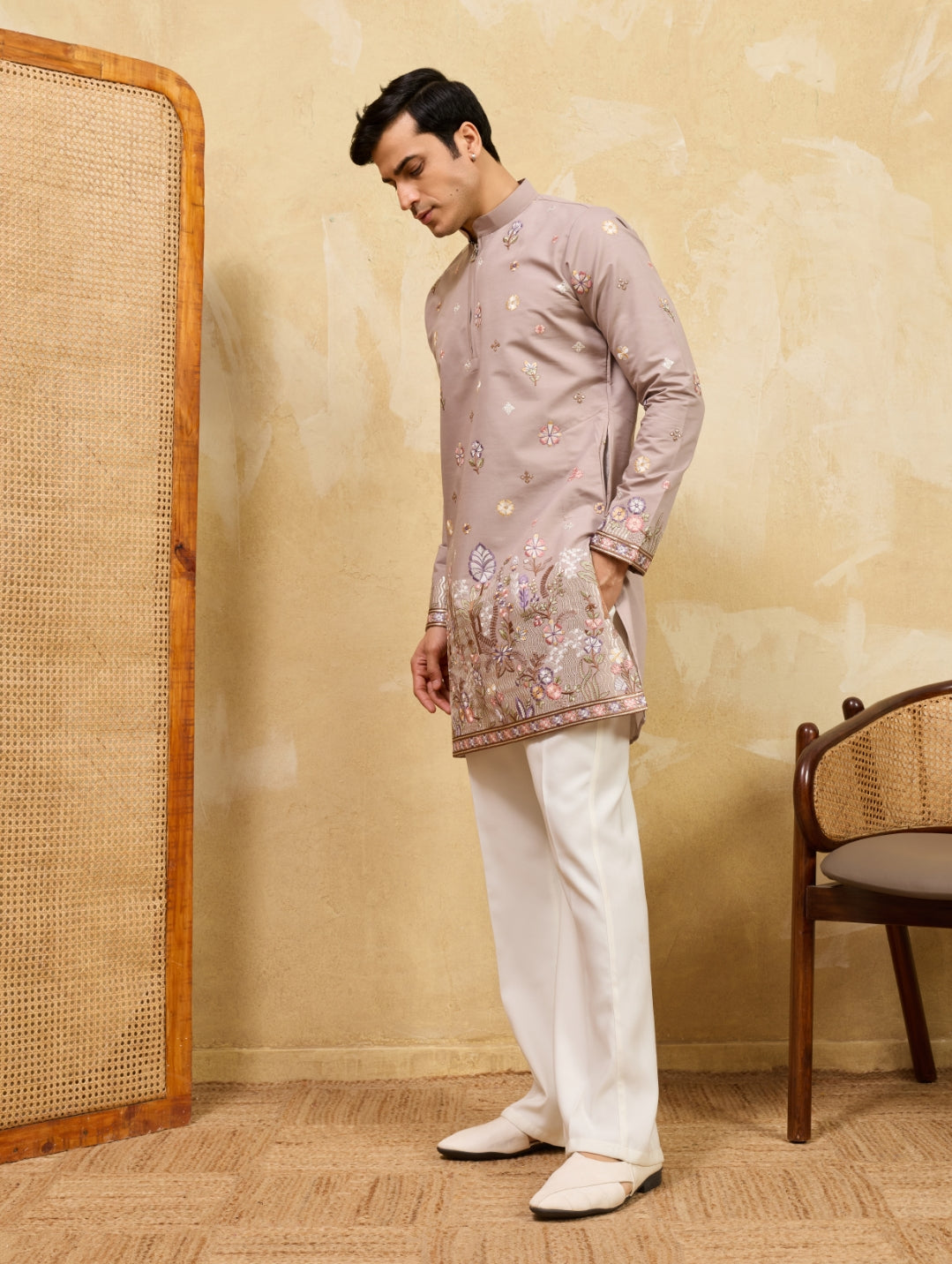 Elegant Beige Embroidered Kurta Set
