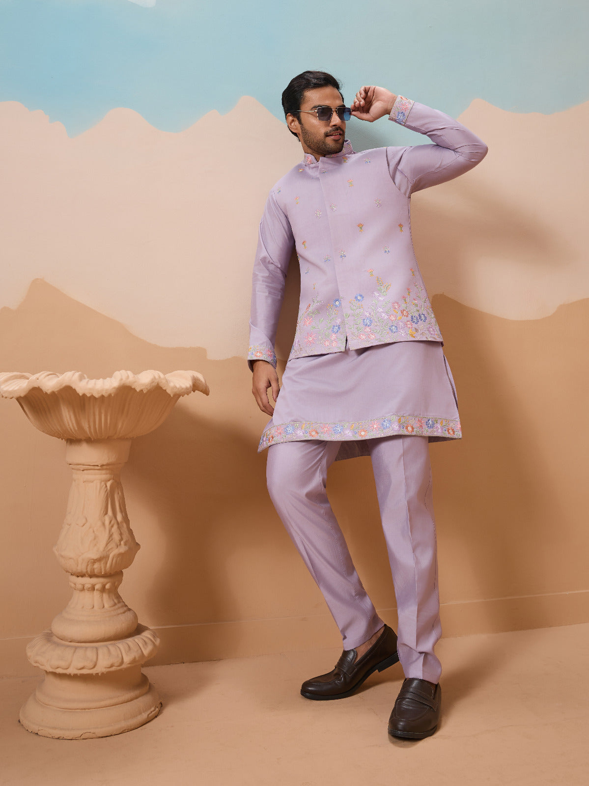 Trendy Lavender Wedding Celebration Beige Kurta Koti Pant Mens