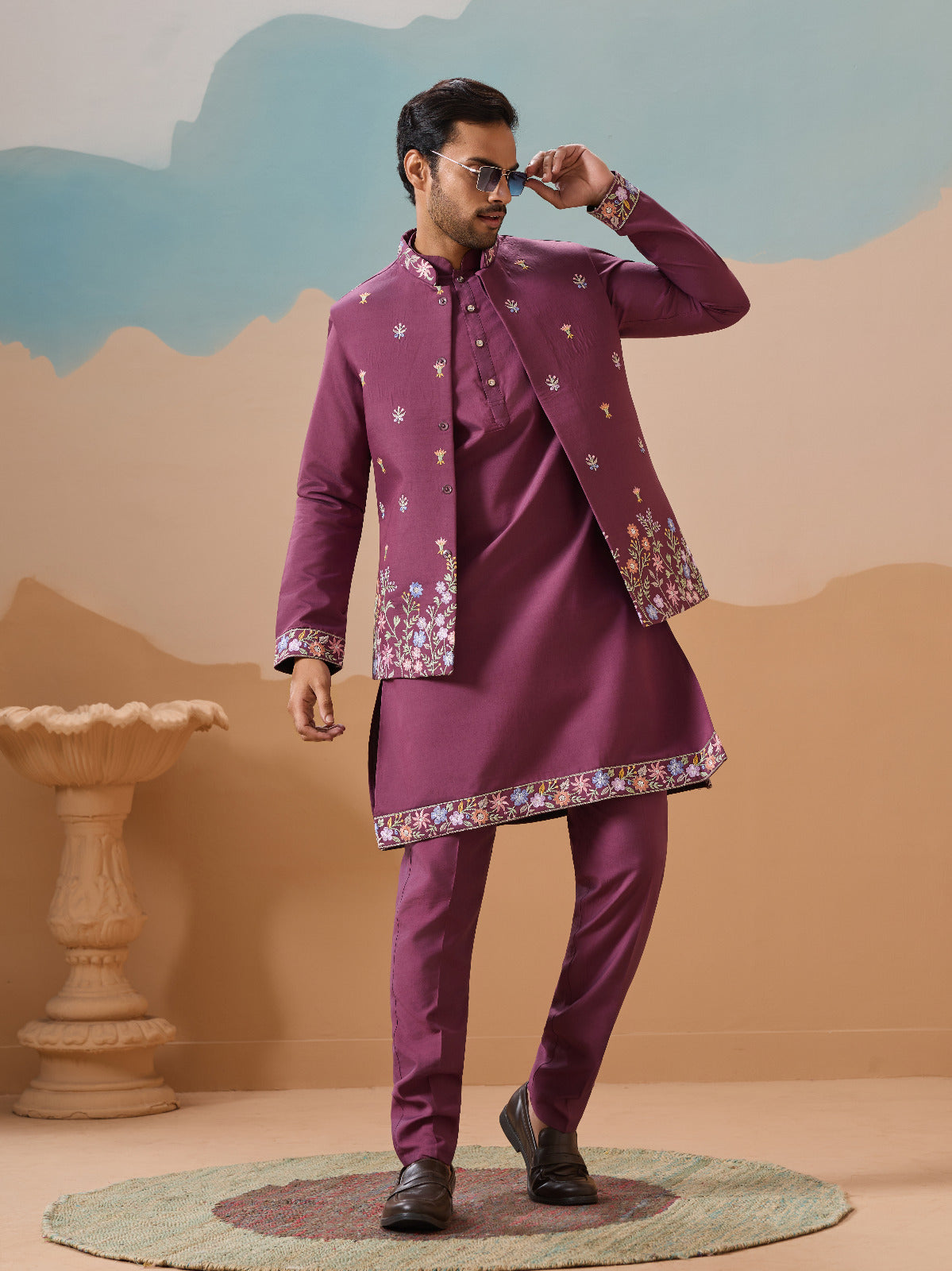 Dusty Color Embroidered Koti Kurta with Pant for Mens