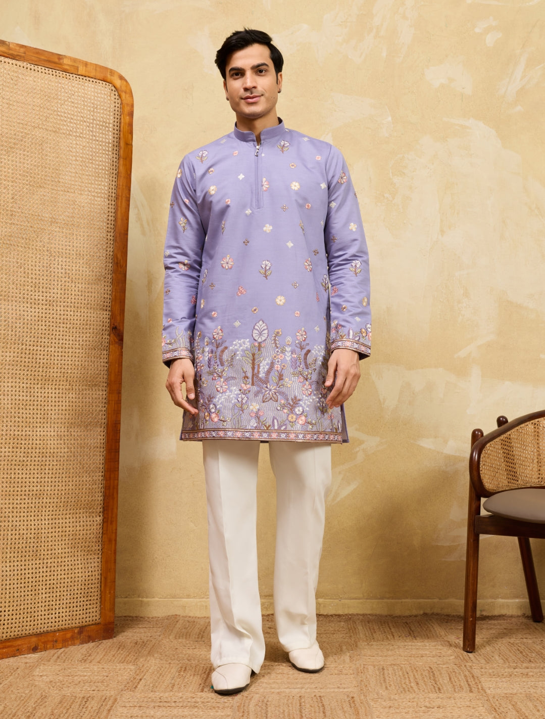 Men's SOFT LAVENDER Viscose Silk Kurta with Threads & Sequin Embroidery