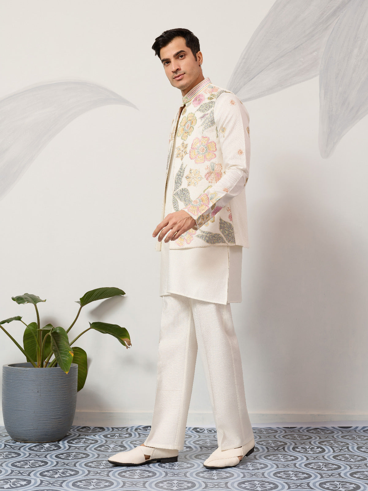 Carnival Function White Koti Kurta Pair for Mens Wea