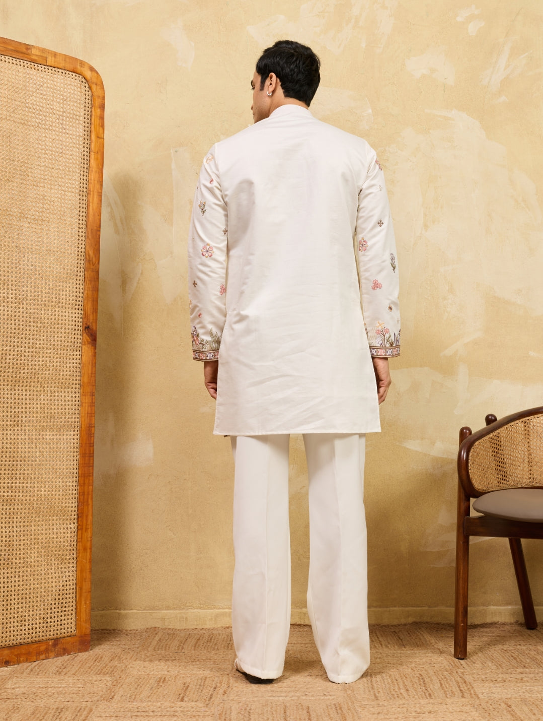 White viscose silk thread & sequins embroidered work wedding festival marriage party wear straight mens kurta