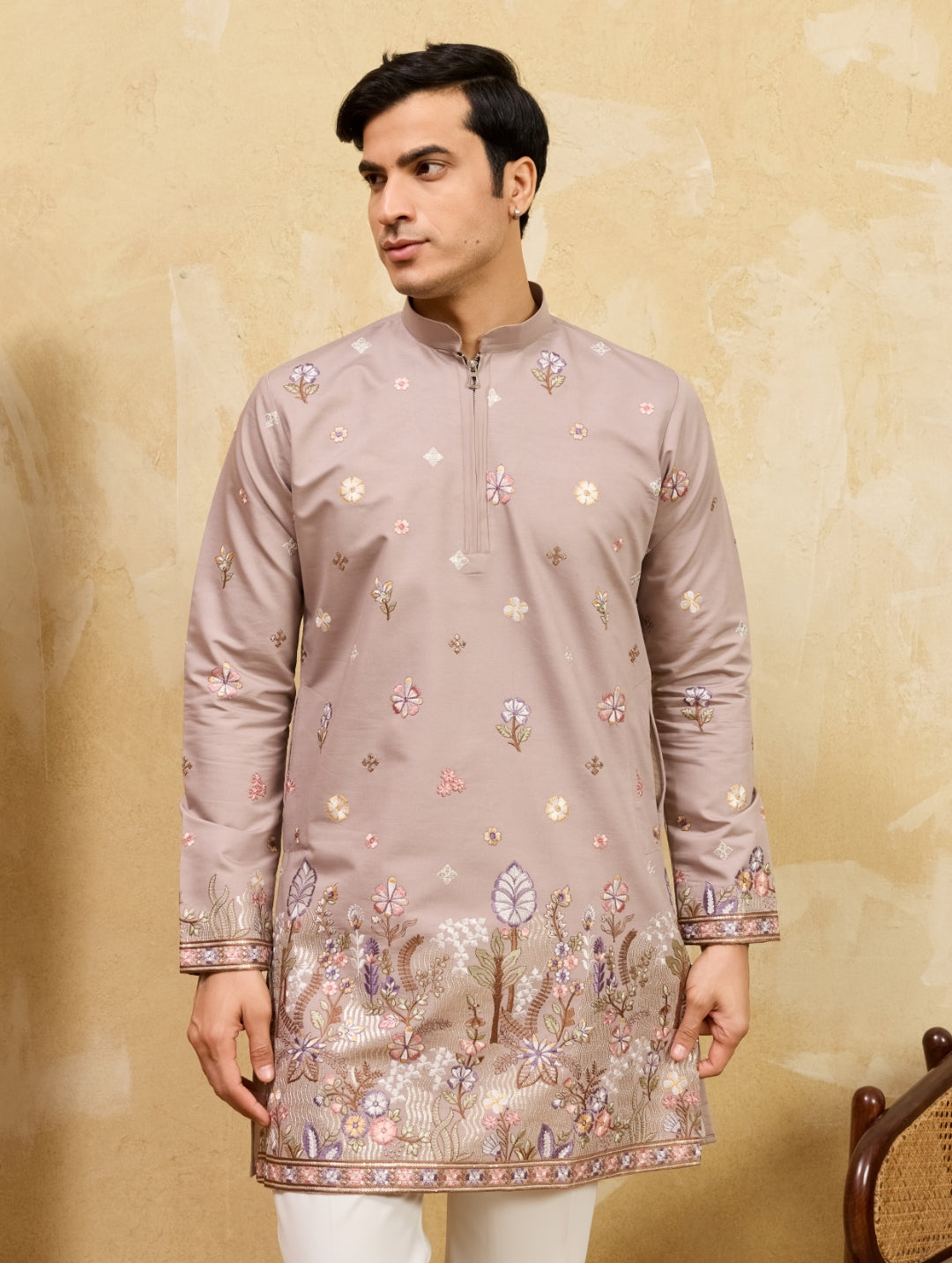 Elegant Beige Embroidered Kurta Set