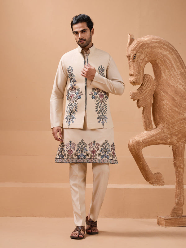 Tendy Beige Wedding Special Koti Kurta Set for Mens Wear