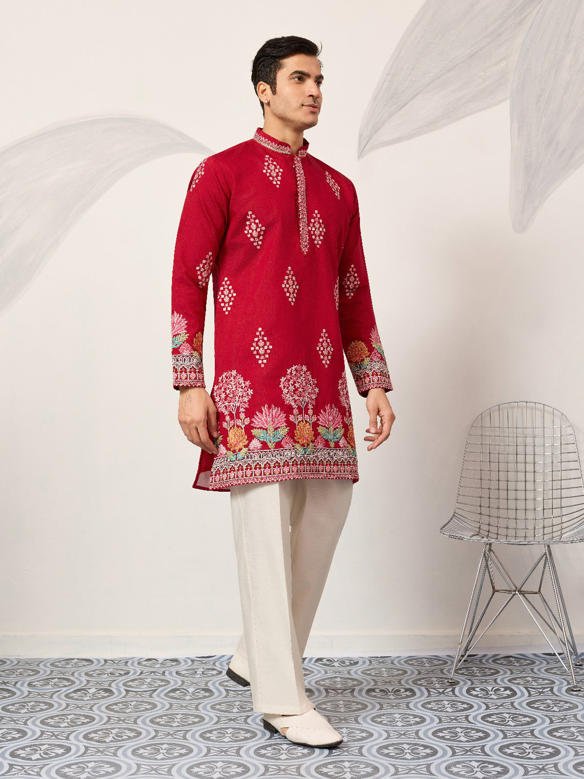 Unique Style Red Color Embroidered Kurta for Mens Wear