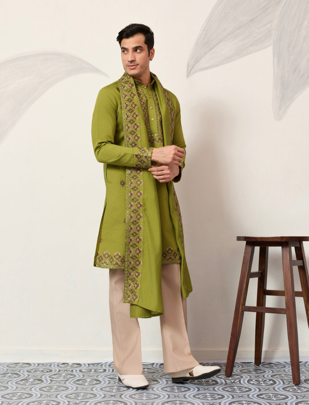 Classic Wedding Fluorescent Green Mens Wear Kurta with Dupatta