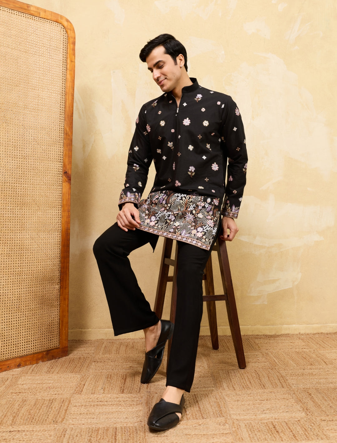 Midnight Elegance in Floral Embroidery Black kurta