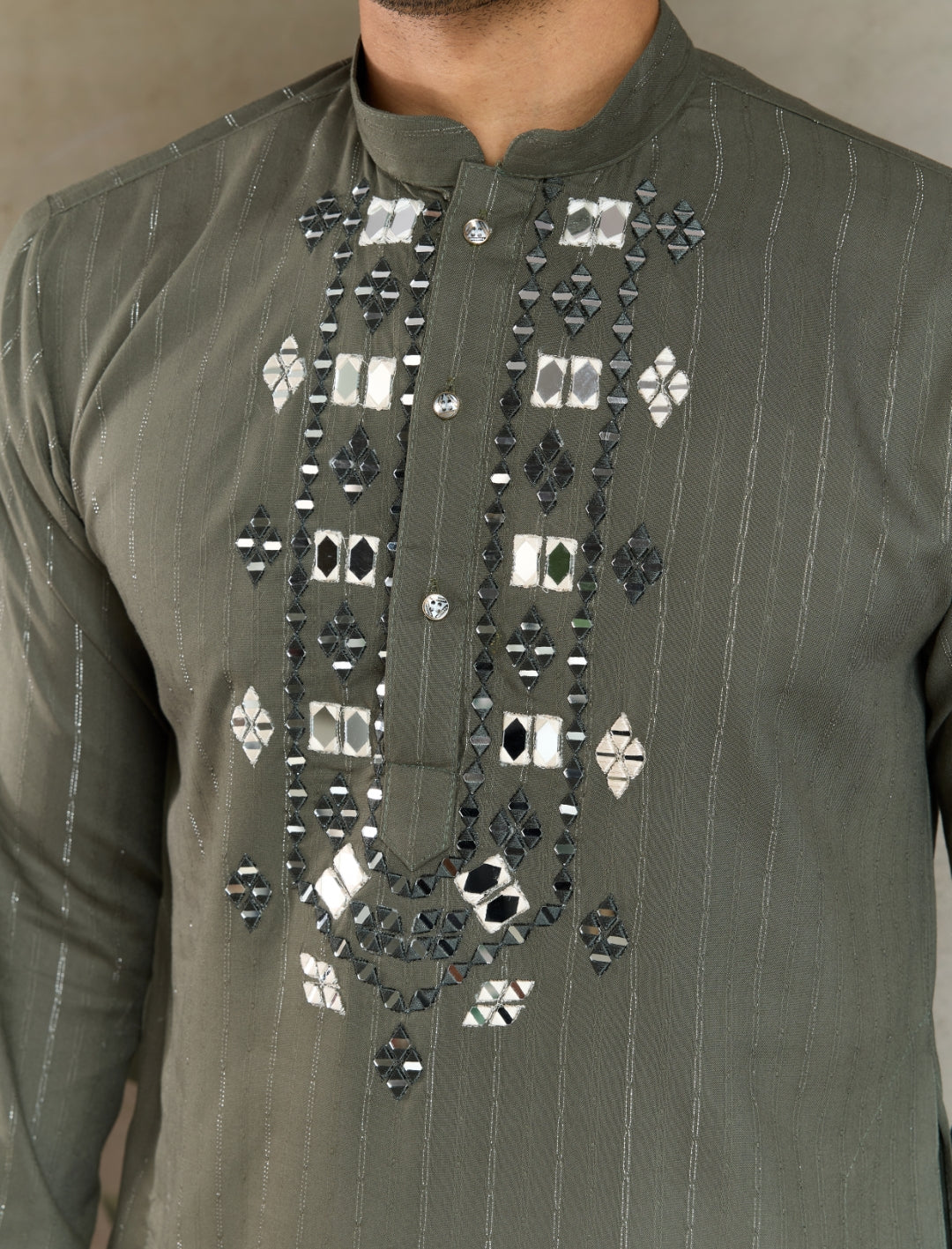 Premium Olive Green Mirror Work Kurta with Dupatta for Occasions