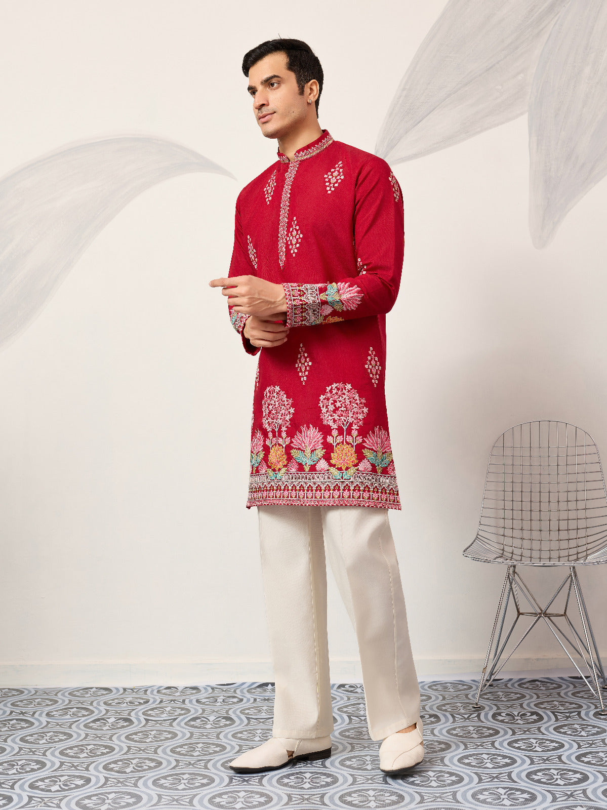 Unique Style Red Color Embroidered Kurta for Mens Wear
