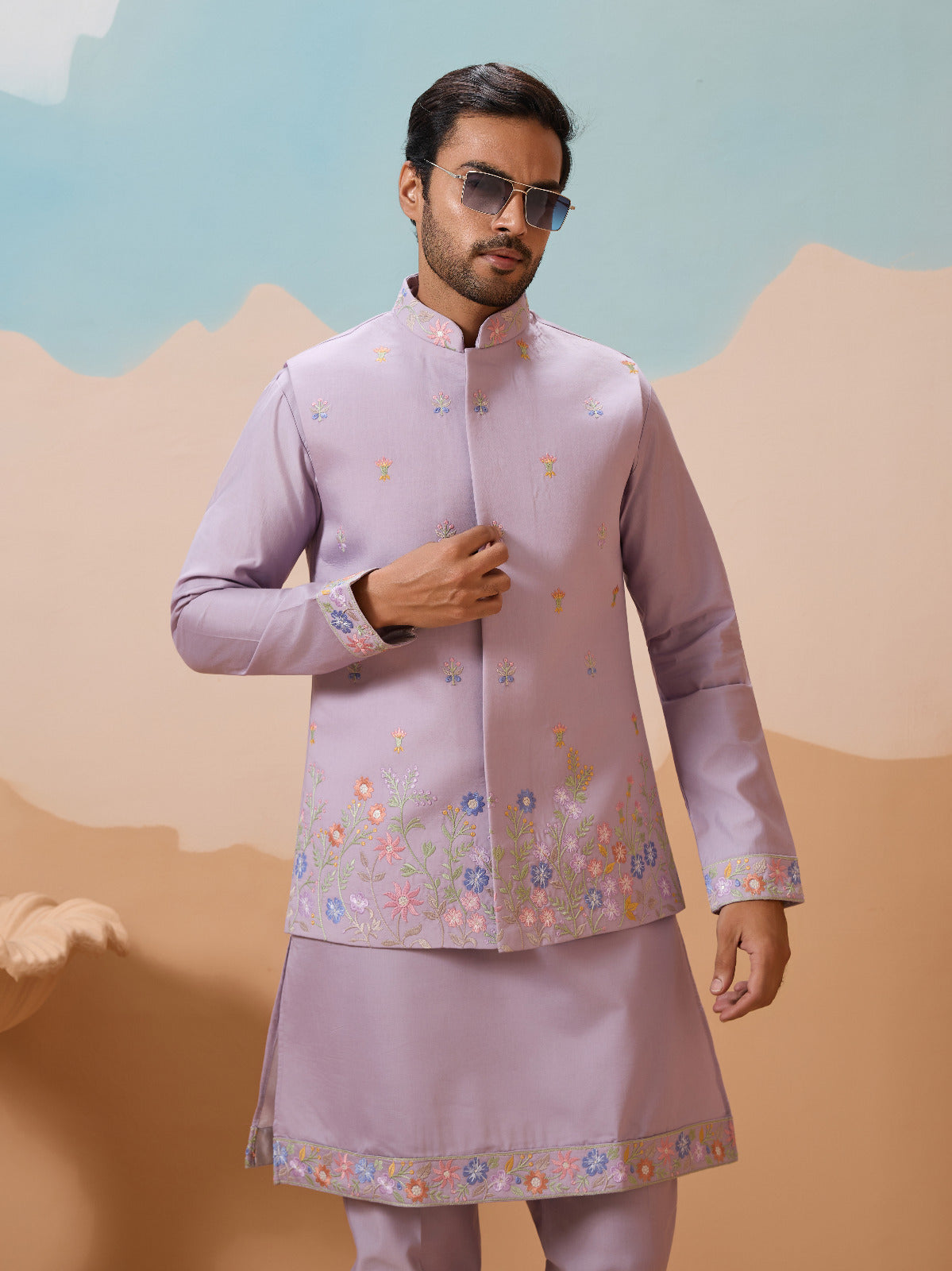 Trendy Lavender Wedding Celebration Beige Kurta Koti Pant Mens