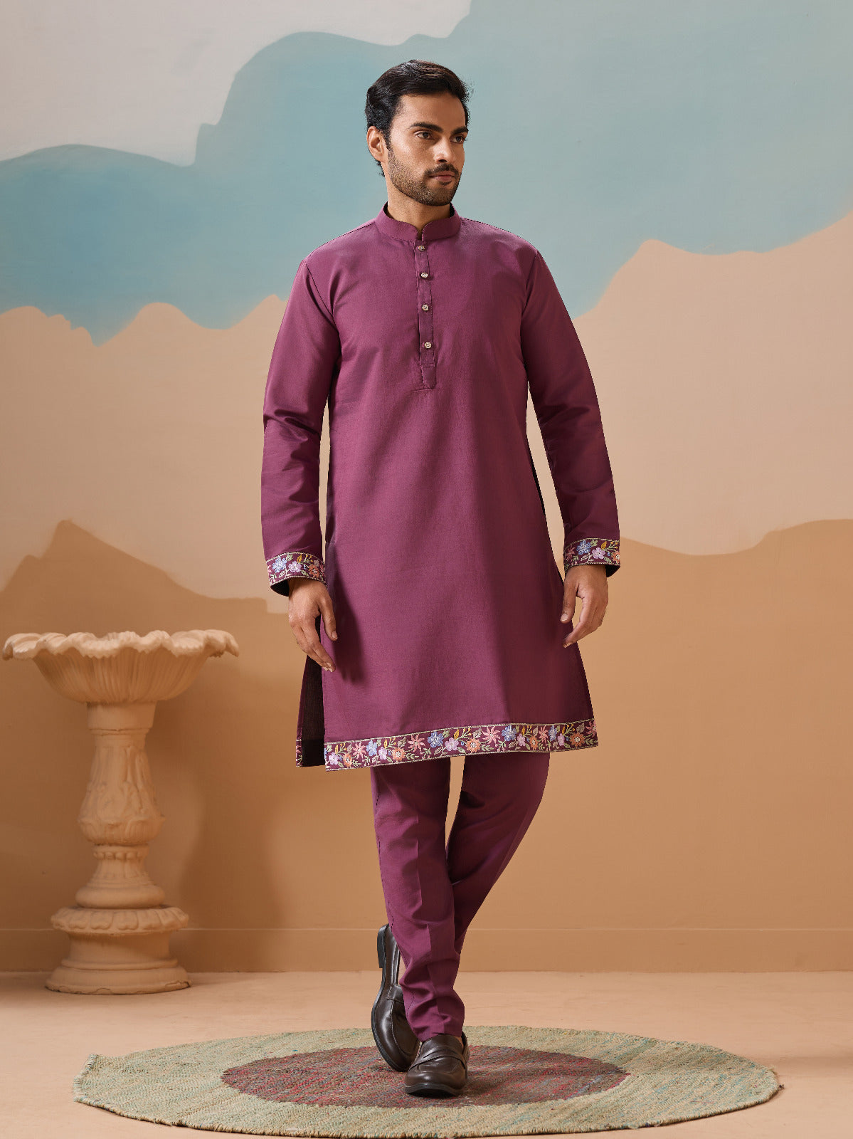 Dusty Color Embroidered Koti Kurta with Pant for Mens