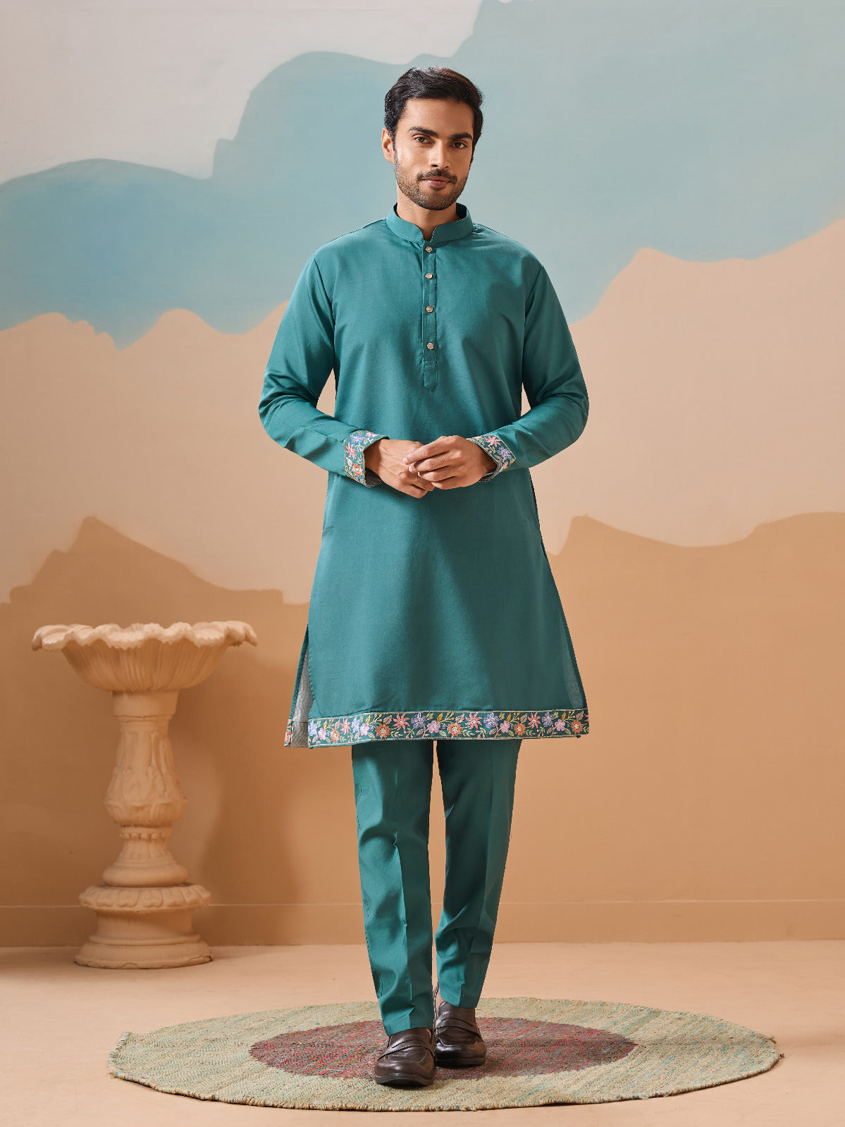 Wedding Party Outfit Rama Green Kurta Koti Pant for Men