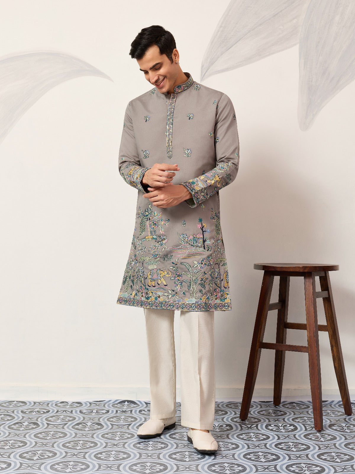 Wedding Traditional Look Grey Kurta for Mens Wear
