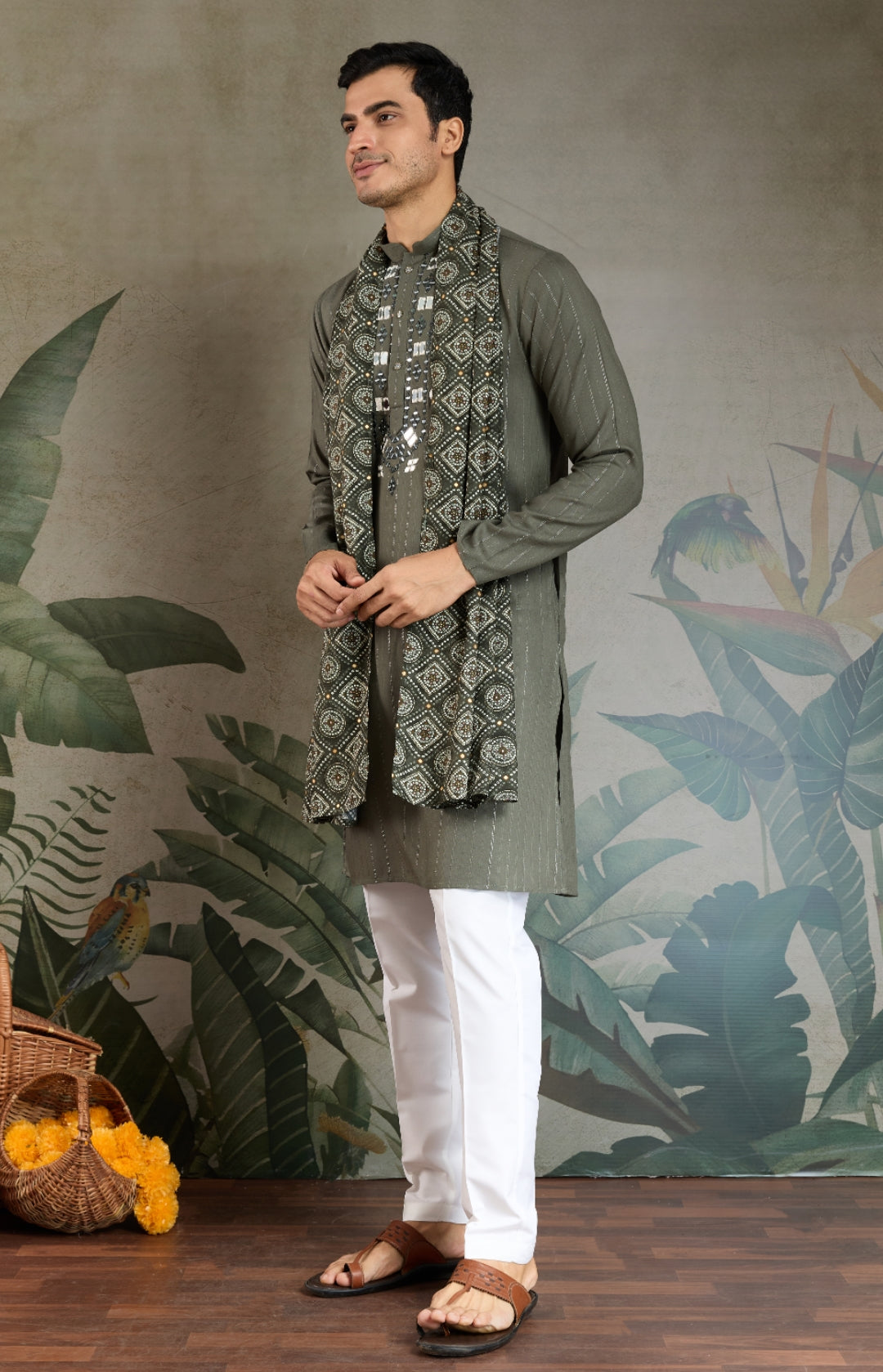 Premium Olive Green Mirror Work Kurta with Dupatta for Occasions