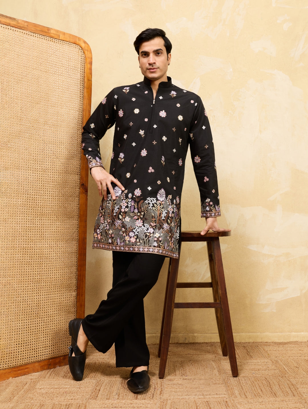 Midnight Elegance in Floral Embroidery Black kurta