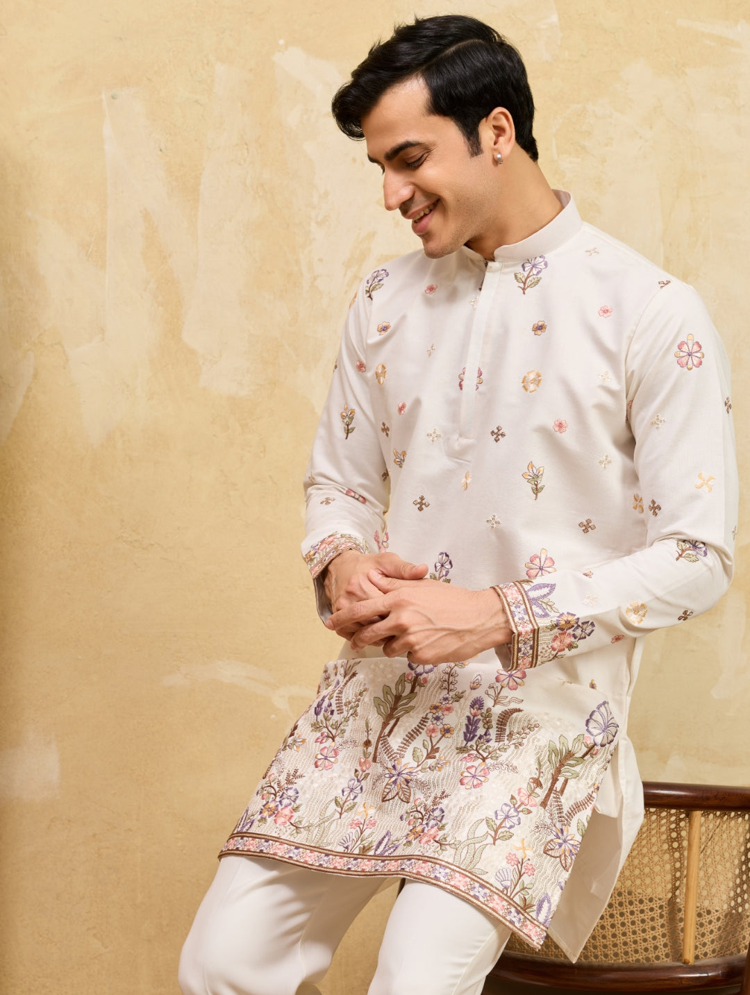 White viscose silk thread & sequins embroidered work wedding festival marriage party wear straight mens kurta