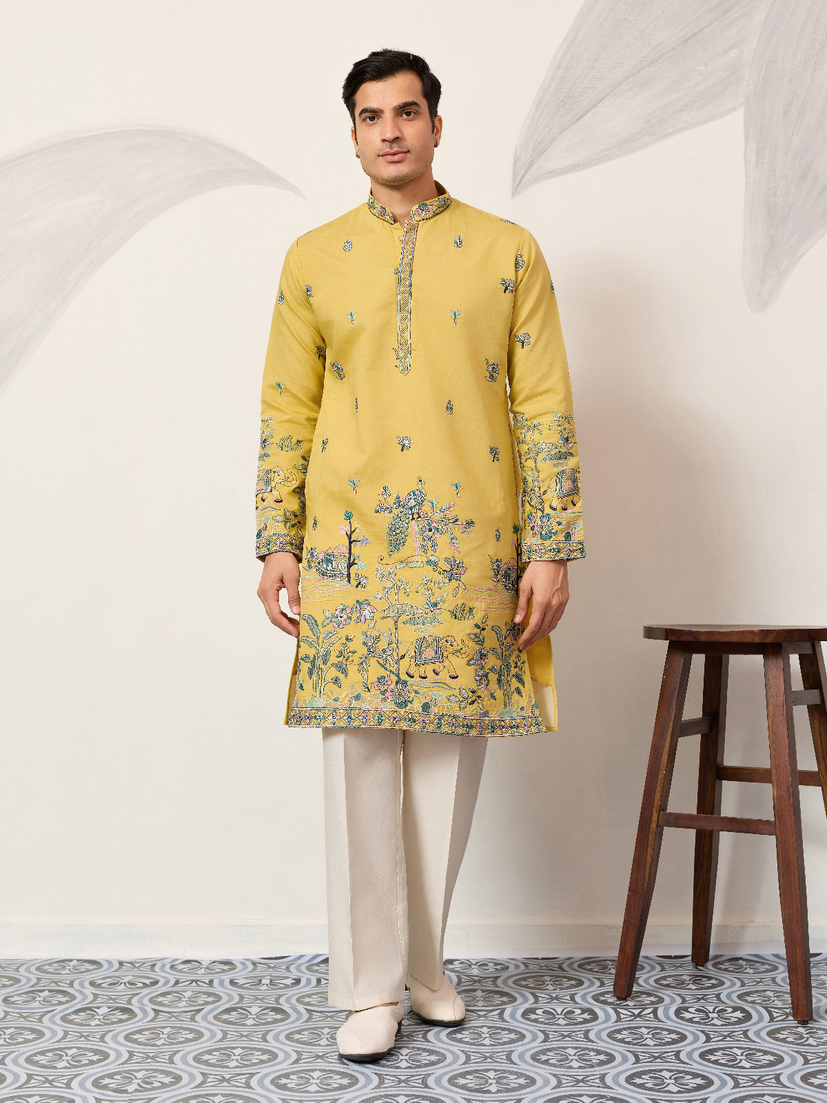 Yellow Thread & Sequin Embroidered Kurta Set for Mens