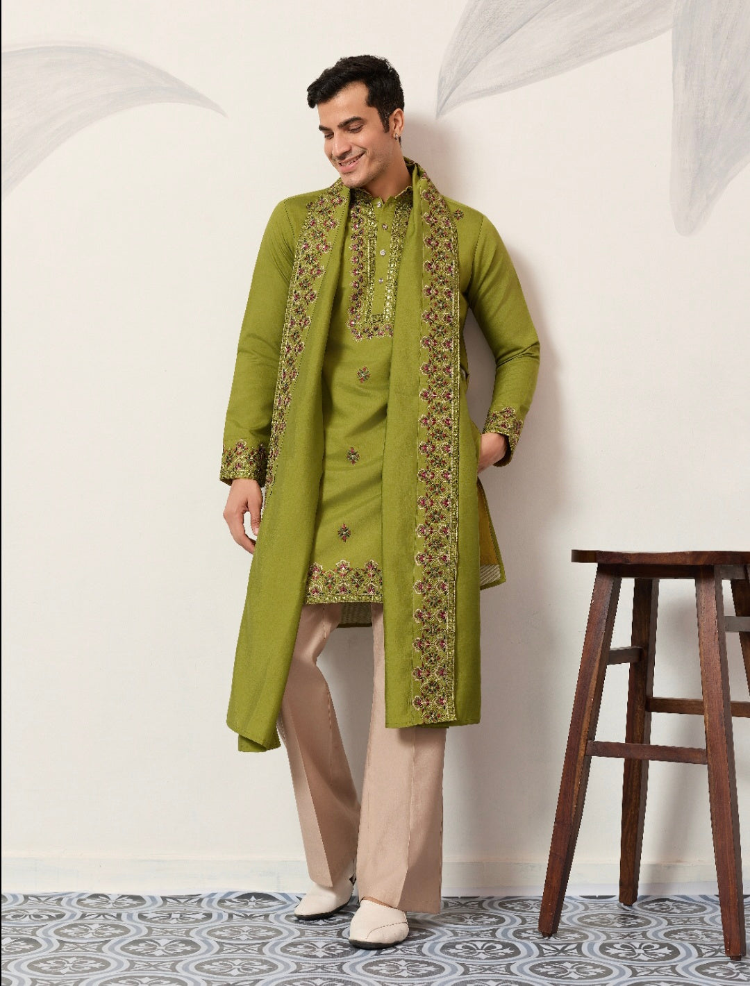 Classic Wedding Fluorescent Green Mens Wear Kurta with Dupatta