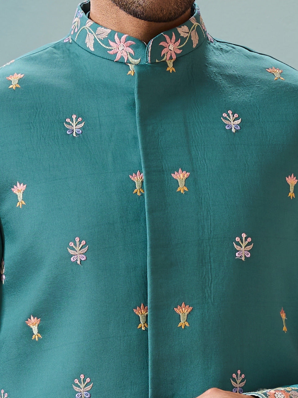 Wedding Party Outfit Rama Green Kurta Koti Pant for Men