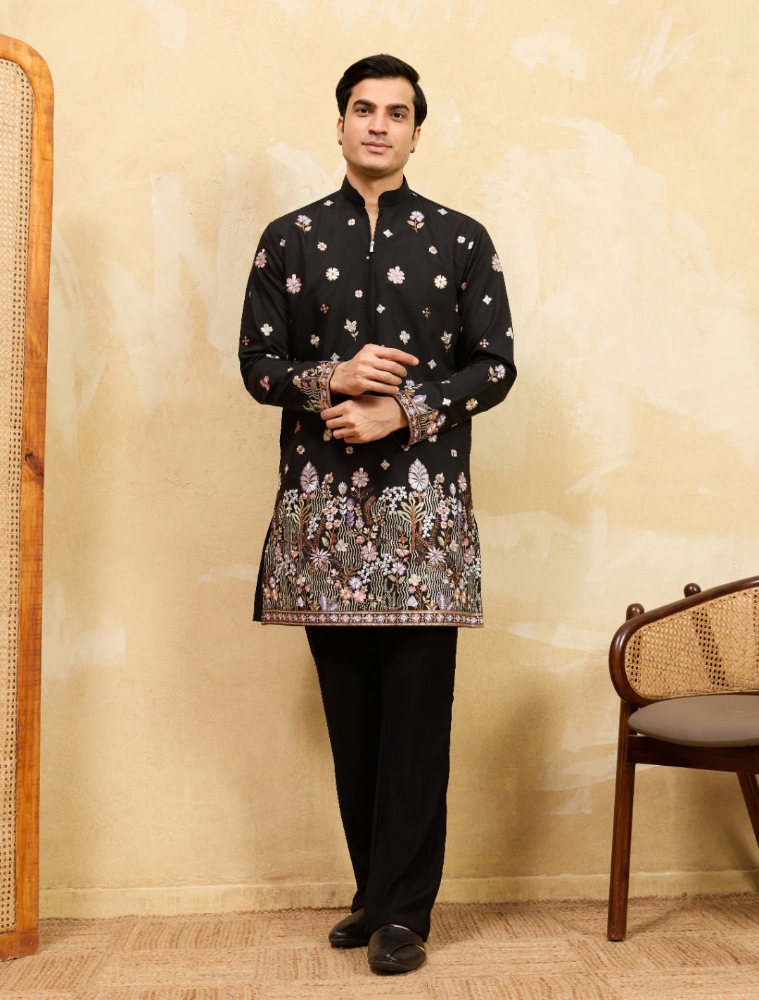 Midnight Elegance in Floral Embroidery Black kurta
