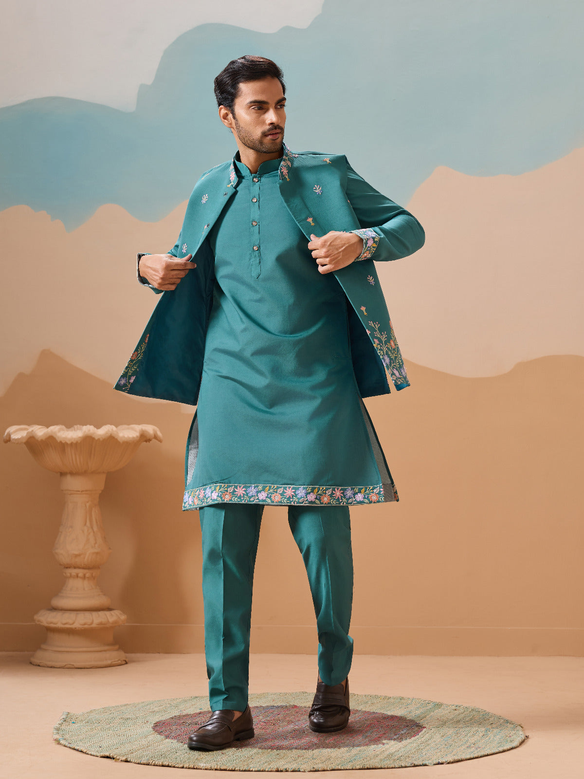 Wedding Party Outfit Rama Green Kurta Koti Pant for Men