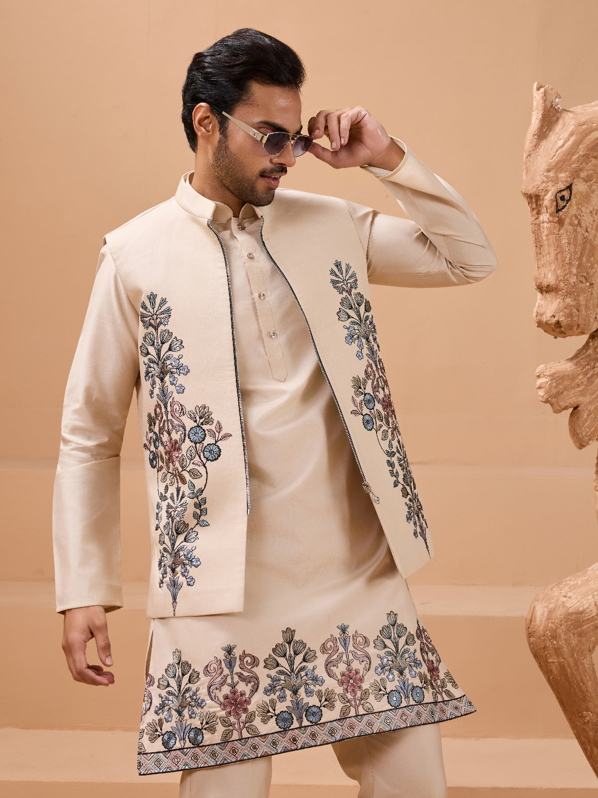 Tendy Beige Wedding Special Koti Kurta Set for Mens Wear