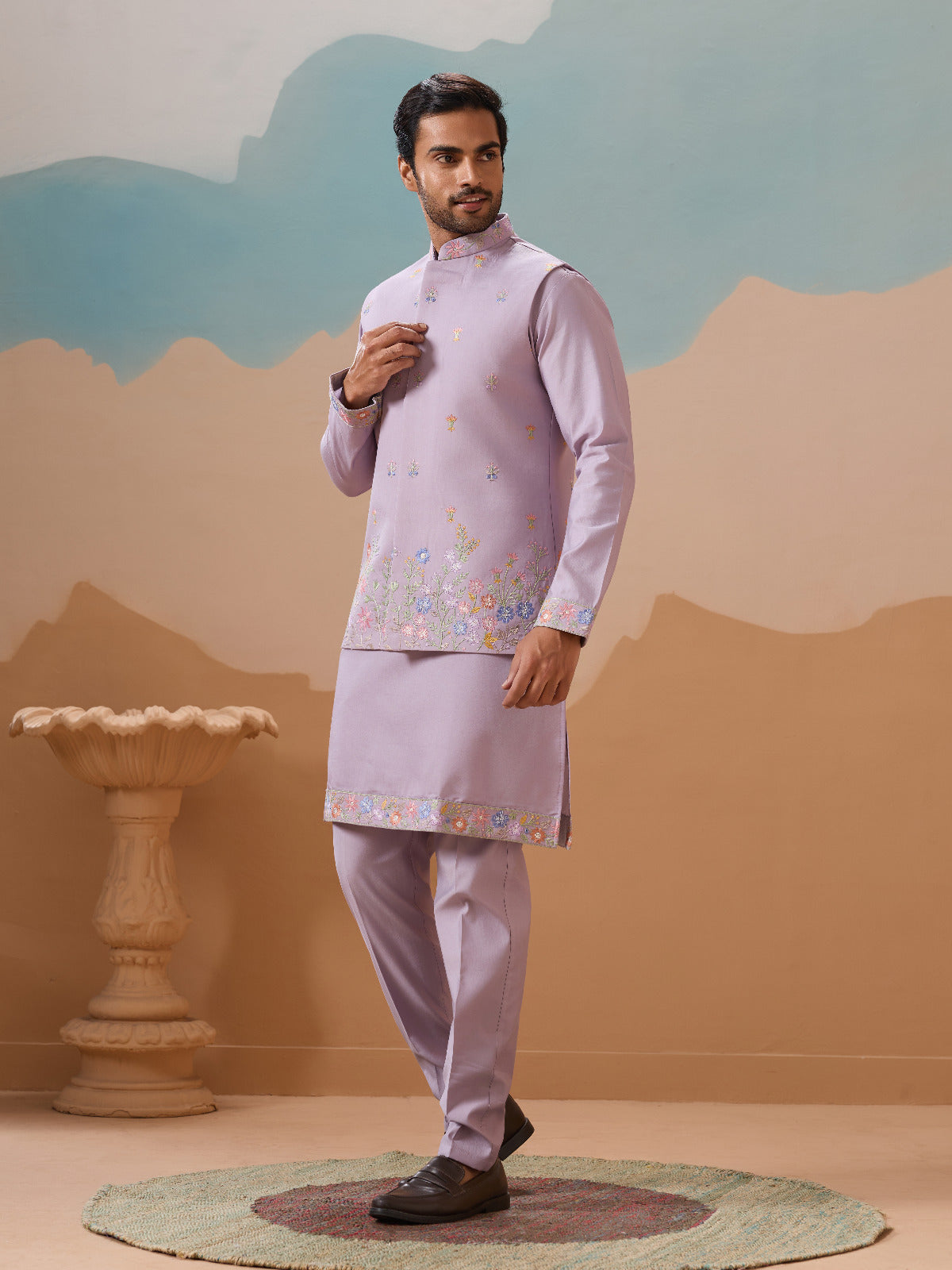 Trendy Lavender Wedding Celebration Beige Kurta Koti Pant Mens