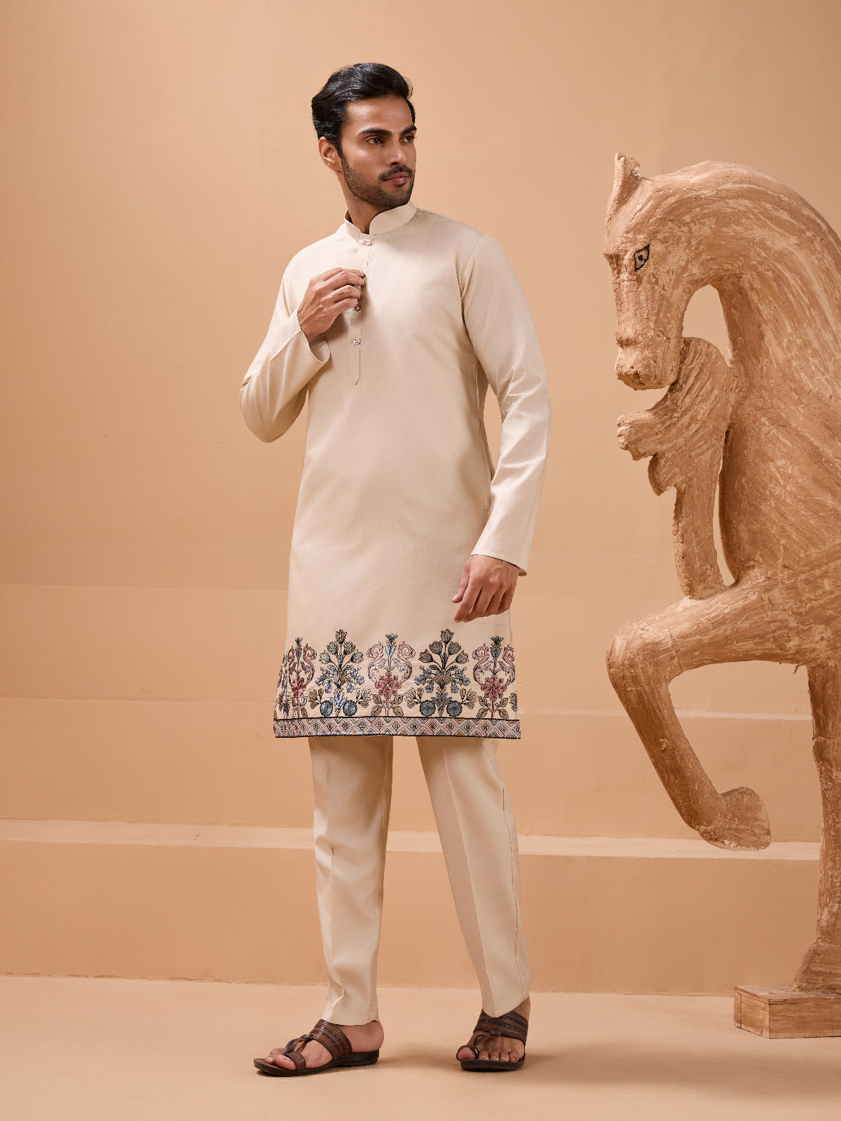 Tendy Beige Wedding Special Koti Kurta Set for Mens Wear