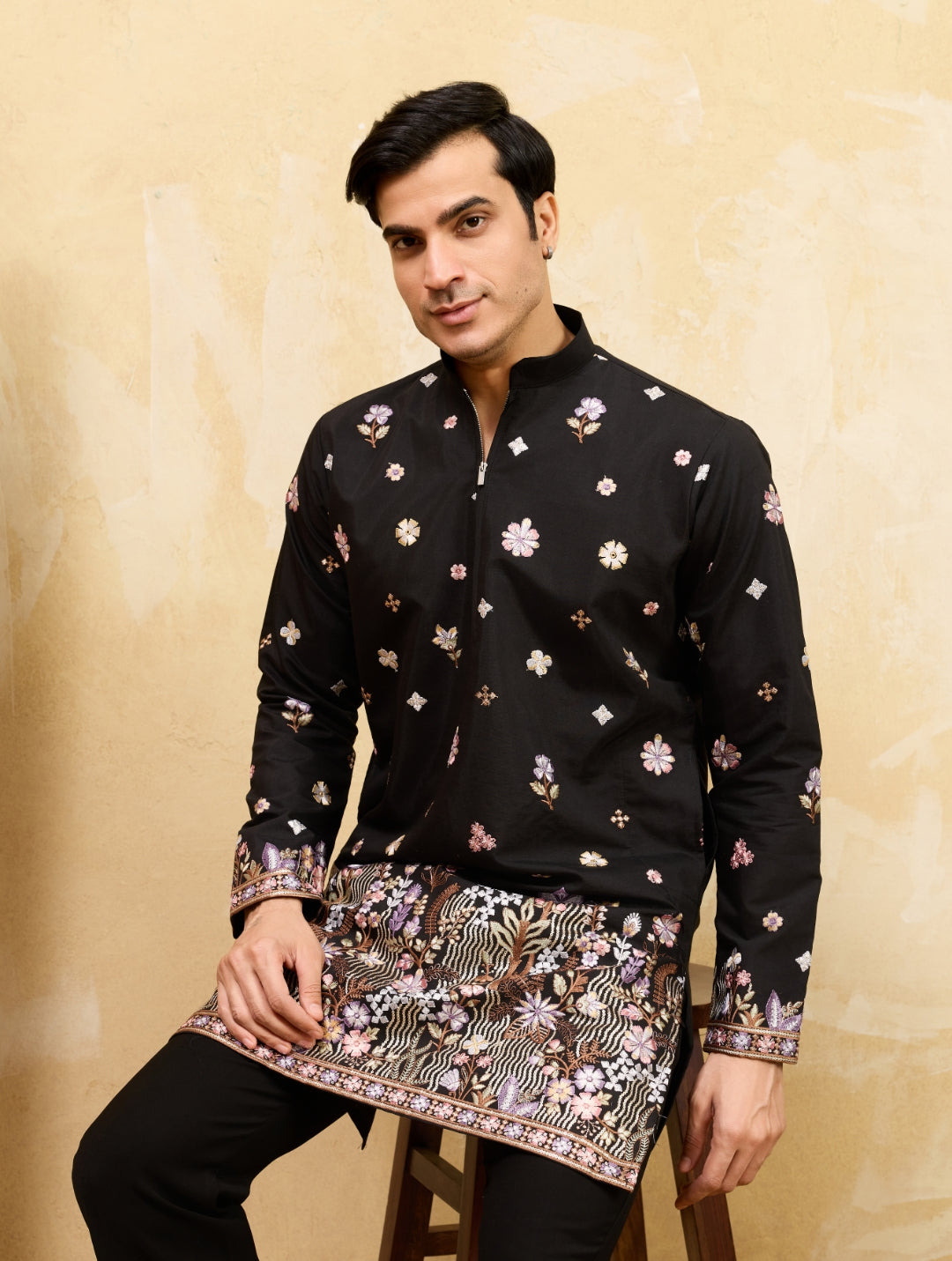 Midnight Elegance in Floral Embroidery Black kurta
