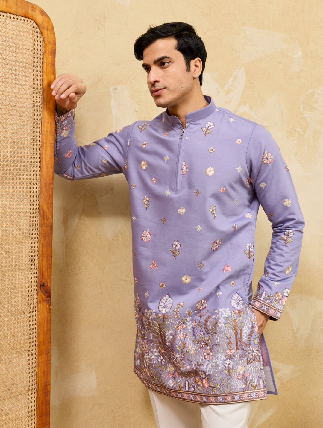 Men's SOFT LAVENDER Viscose Silk Kurta with Threads & Sequin Embroidery