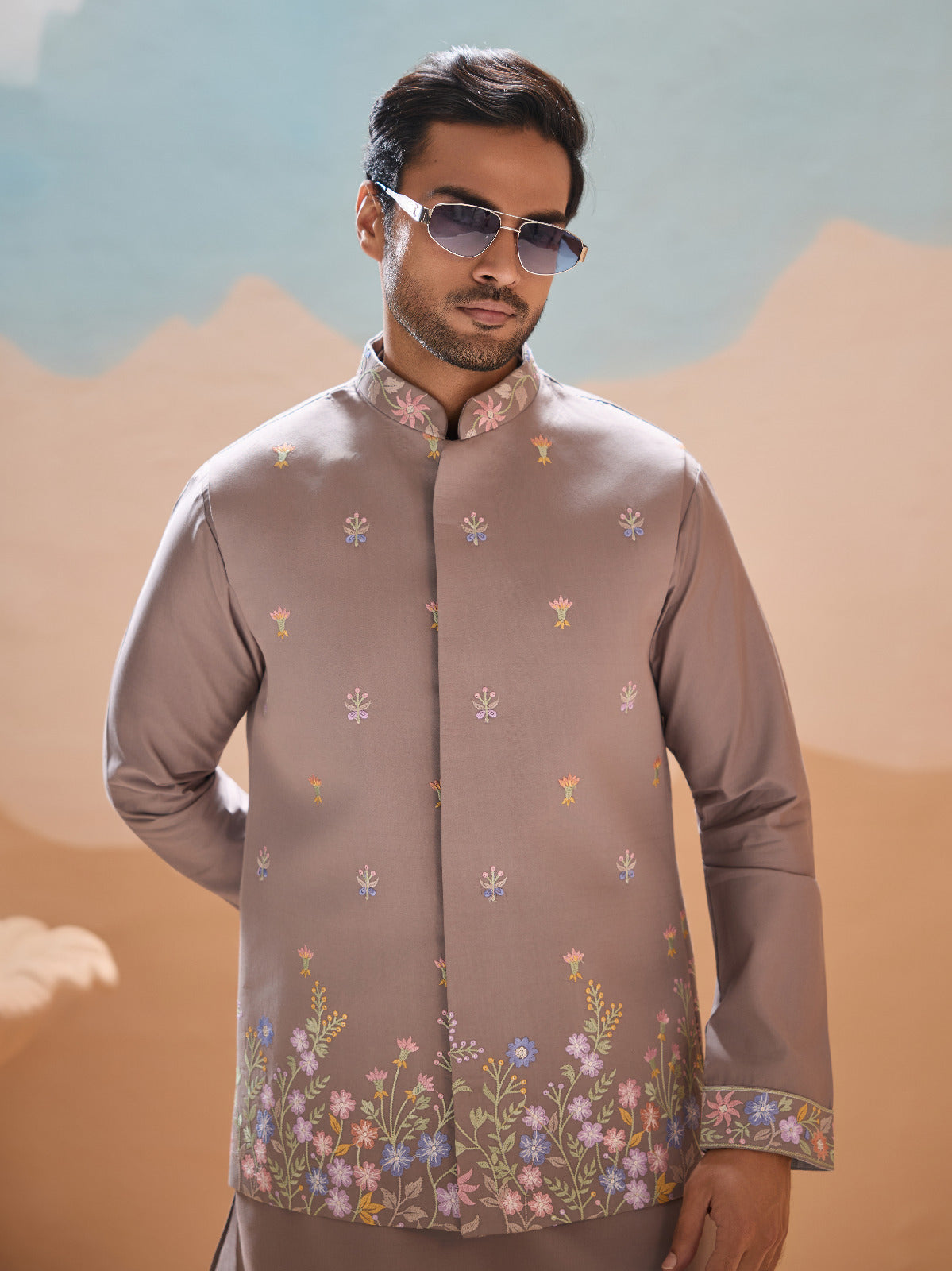 Elegant Grey Embroidered Koti Kurta Pant for Mens Vendor