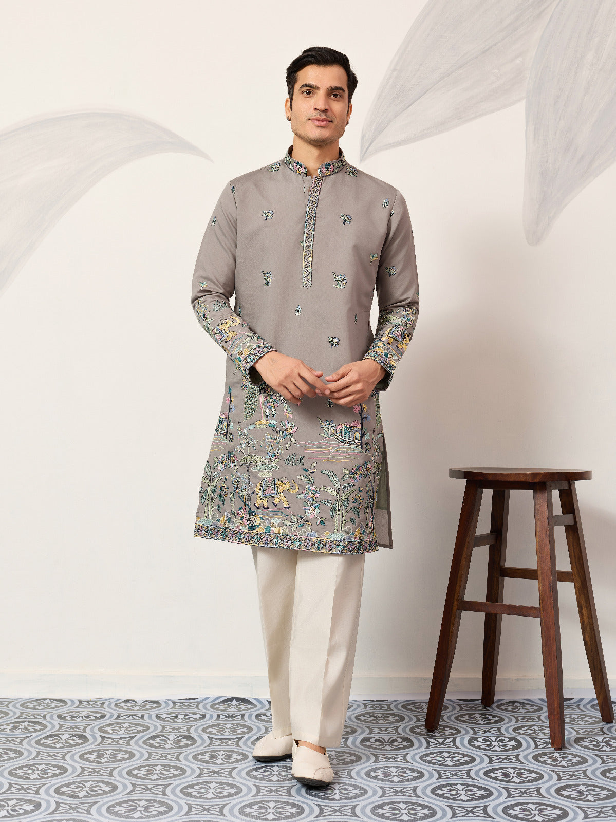 Wedding Traditional Look Grey Kurta for Mens Wear