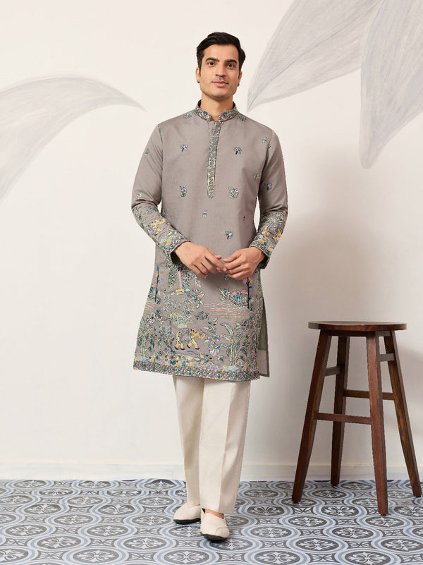 Wedding Traditional Look Grey Kurta for Mens Wear