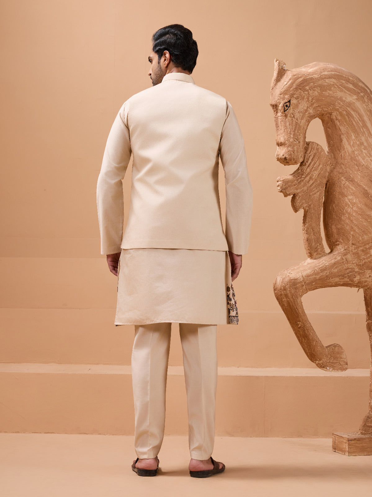 Tendy Beige Wedding Special Koti Kurta Set for Mens Wear