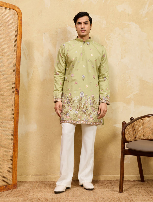 Pista Green Viscose Silk Embroidered Kurta Set