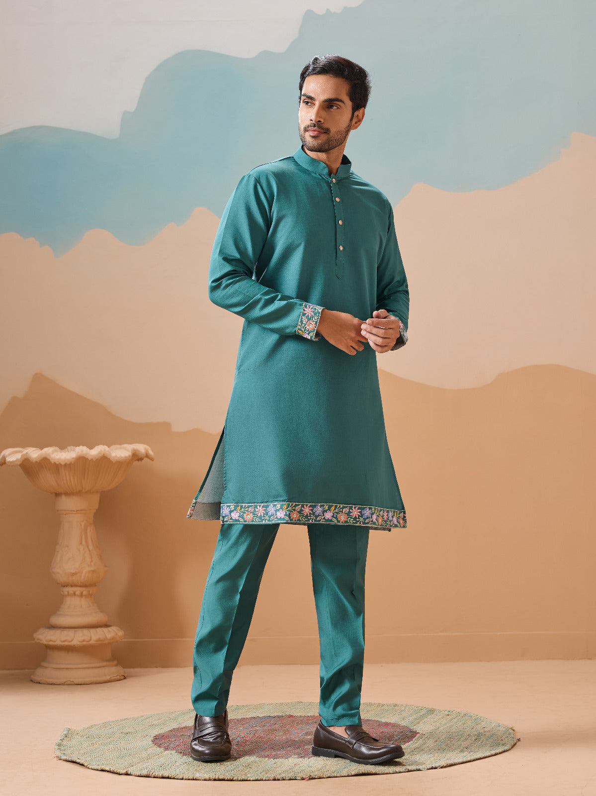 Wedding Party Outfit Rama Green Kurta Koti Pant for Men
