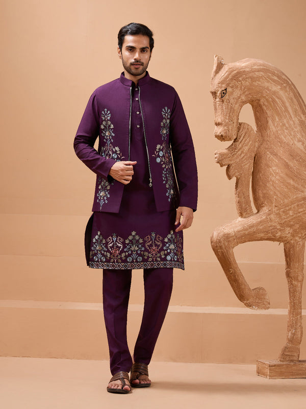 Vibrant Purple Color Koti Kurta Set Pair for Men Collection
