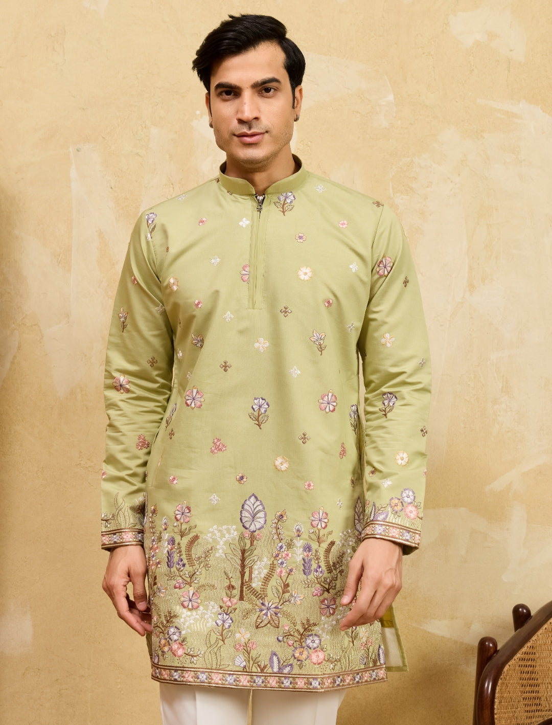 Pista Green Viscose Silk Embroidered Kurta Set