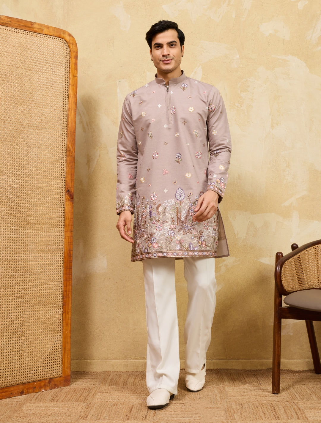 Elegant Beige Embroidered Kurta Set