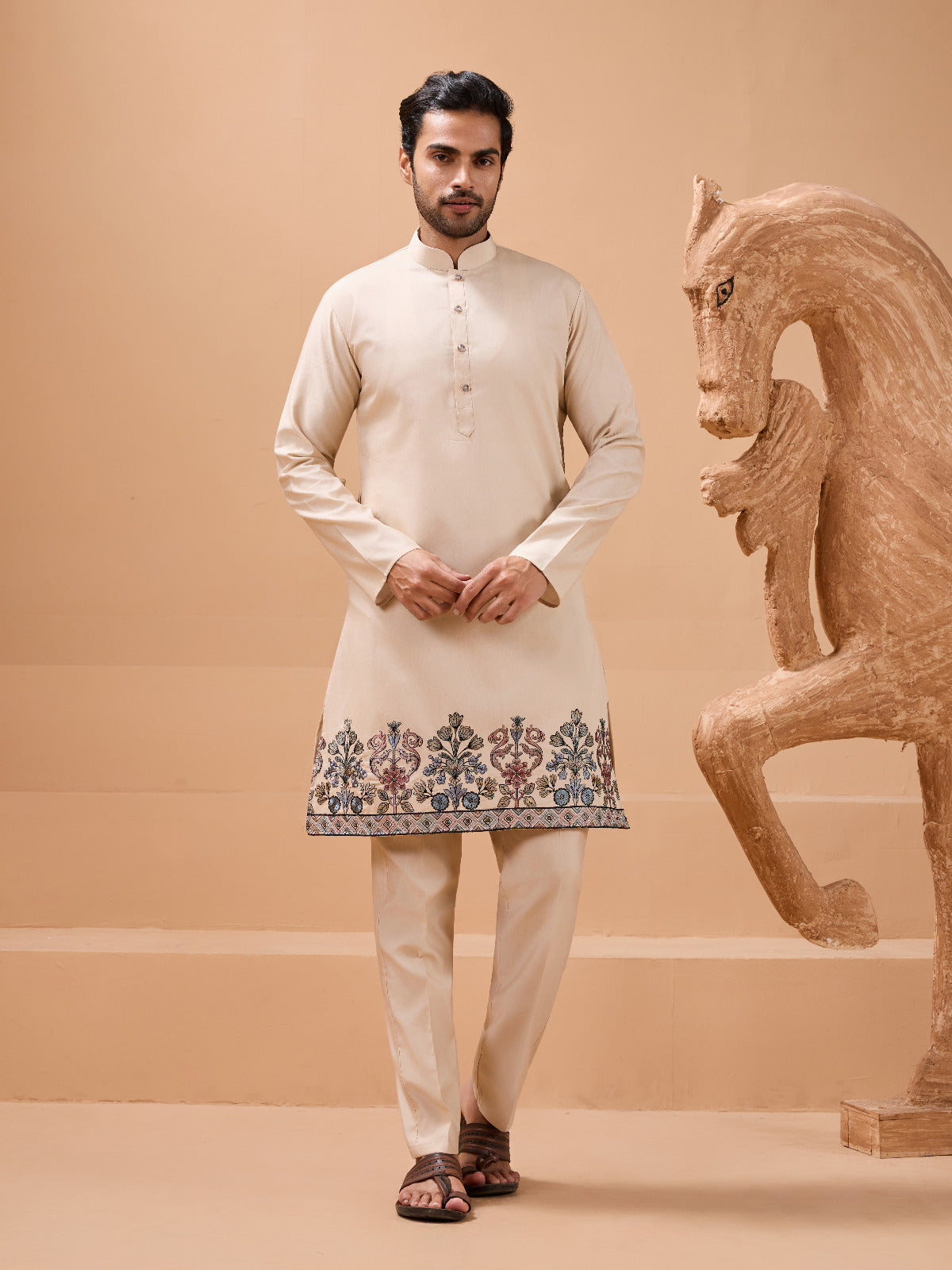 Tendy Beige Wedding Special Koti Kurta Set for Mens Wear