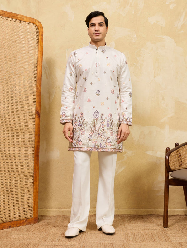 White viscose silk thread & sequins embroidered work wedding festival marriage party wear straight mens kurta
