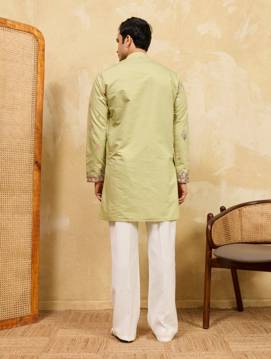 Pista Green Viscose Silk Embroidered Kurta Set