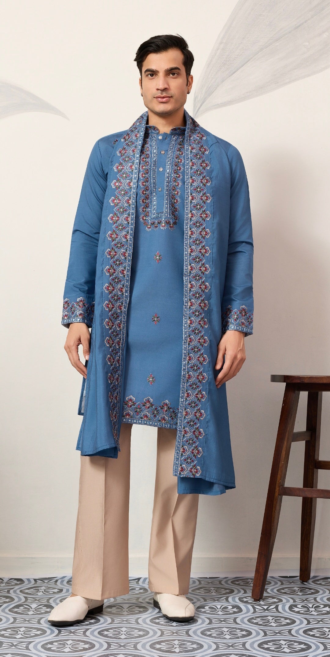Wedding Royal Look Blue Kurta with Dupatta for Mens Wear