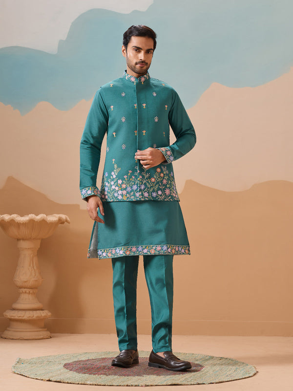 Wedding Party Outfit Rama Green Kurta Koti Pant for Men