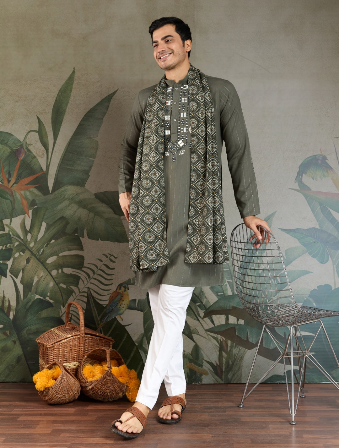 Premium Olive Green Mirror Work Kurta with Dupatta for Occasions