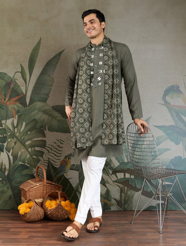 Premium Olive Green Mirror Work Kurta with Dupatta for Occasions