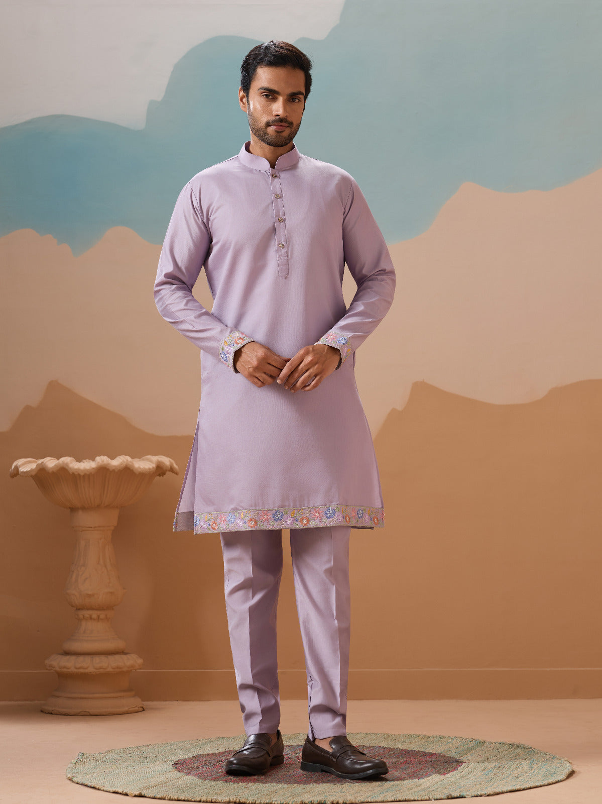 Trendy Lavender Wedding Celebration Beige Kurta Koti Pant Mens